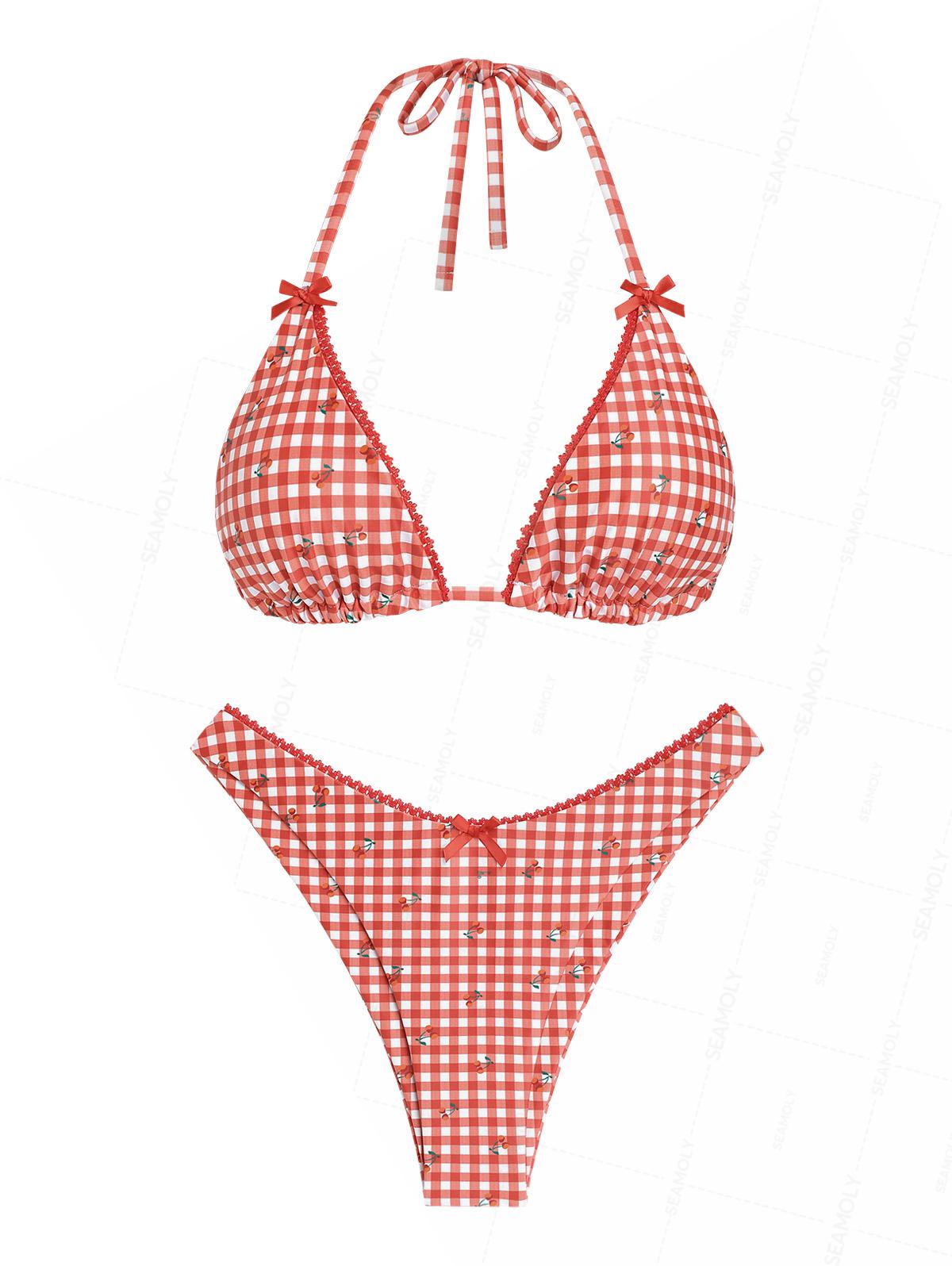 Seamolly Gingham Cherry Print Lace Bowknot  Bikini Set