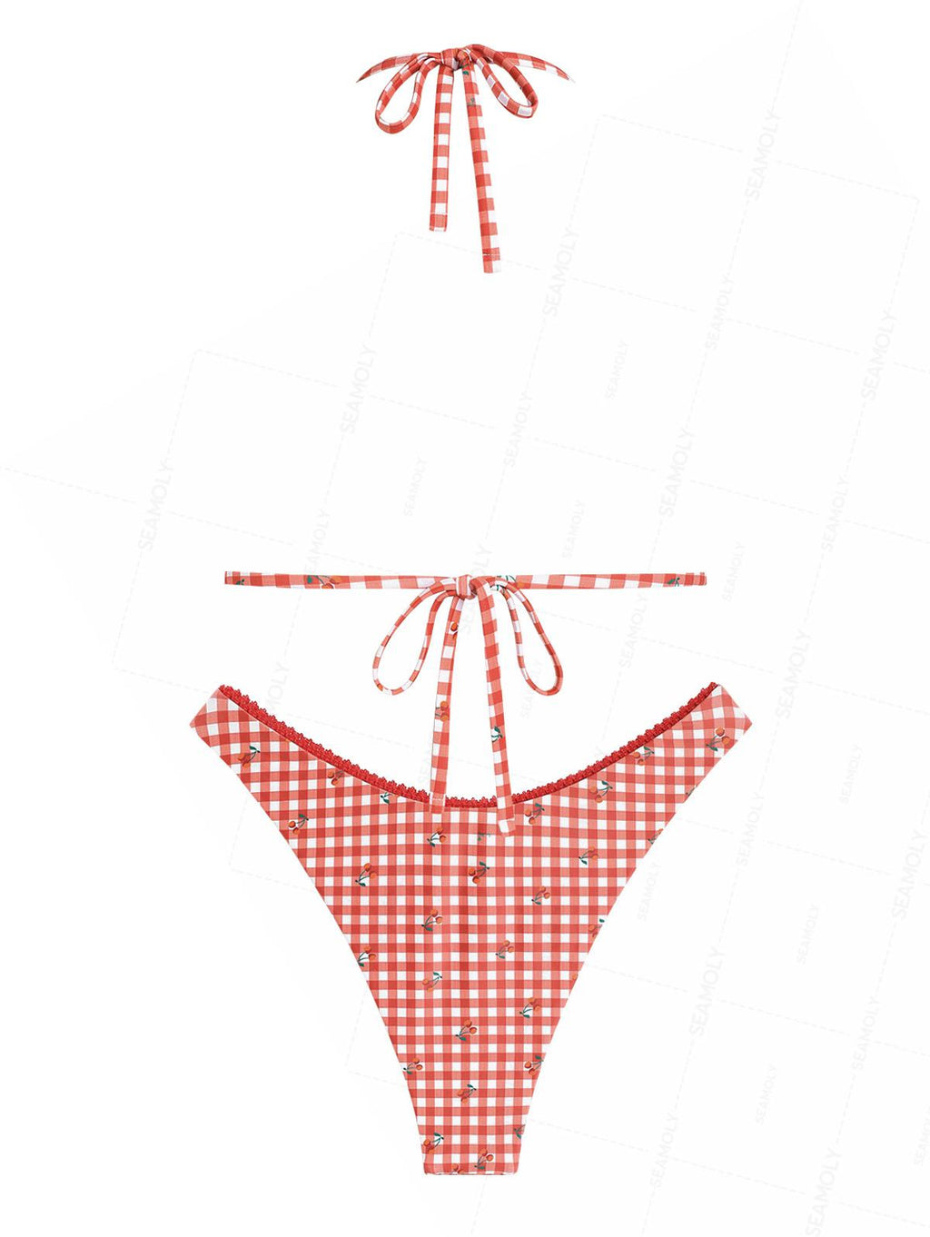 Seamolly Gingham Cherry Print Lace Bowknot  Bikini Set