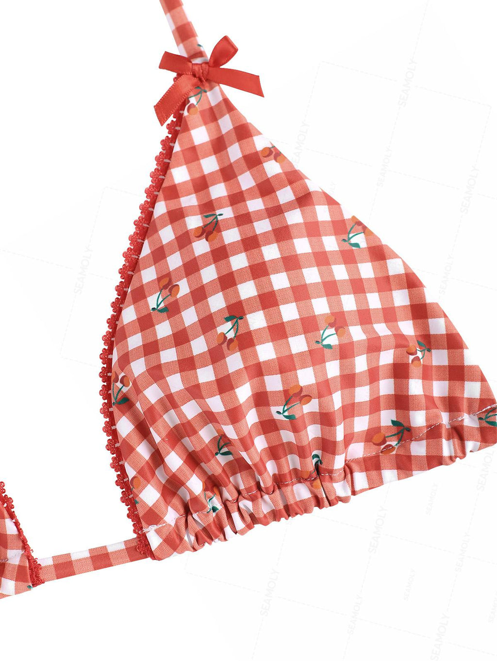 Seamolly Gingham Cherry Print Lace Bowknot  Bikini Set