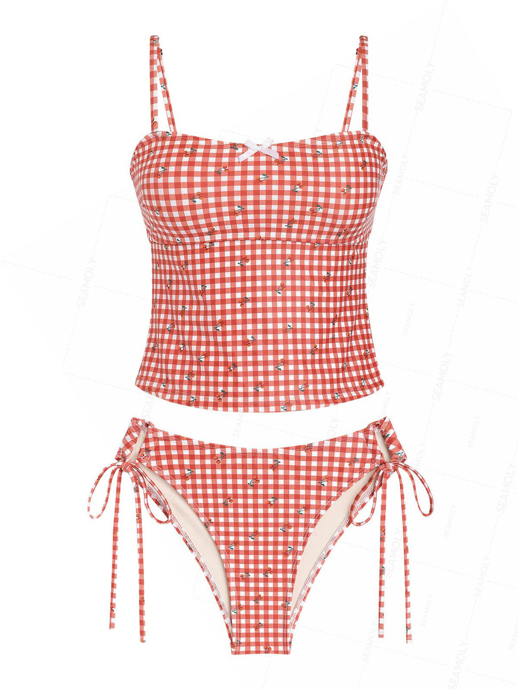 Seamolly Gingham Cherry Print Bowknot Cinched Tied Tankini Set