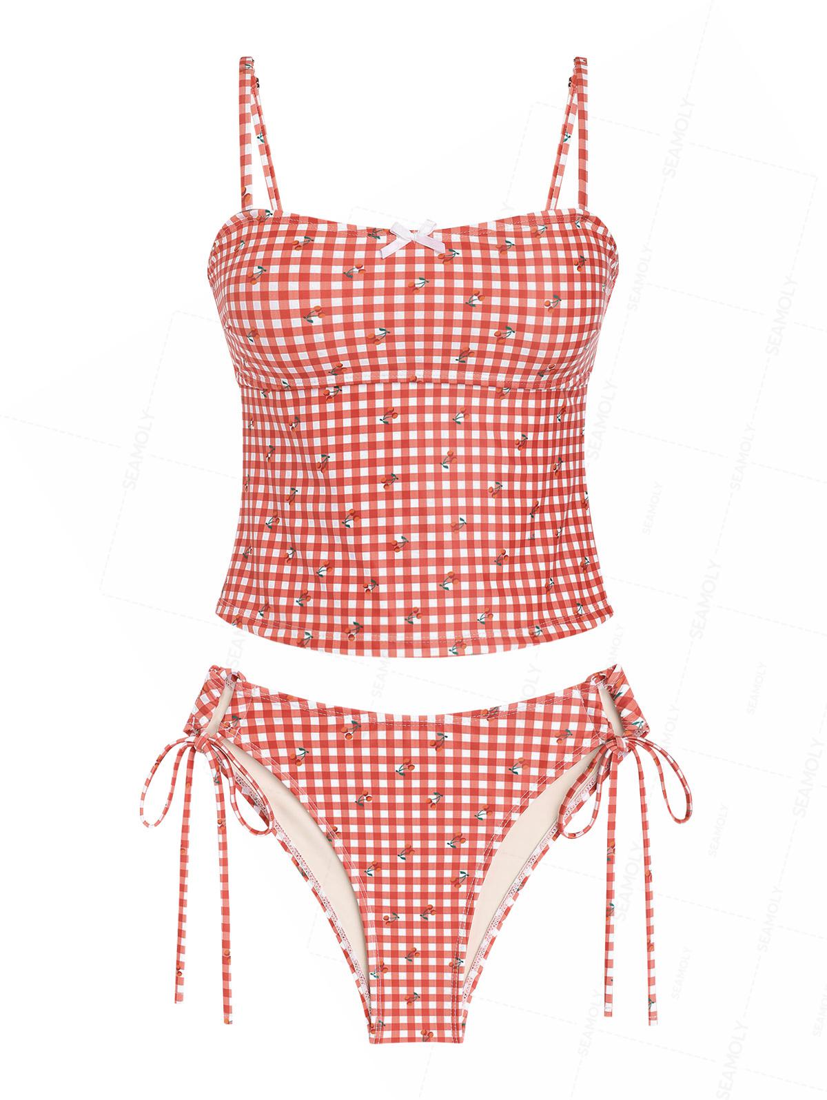 Seamolly Gingham Cherry Print Bowknot Cinched Tied Tankini Set
