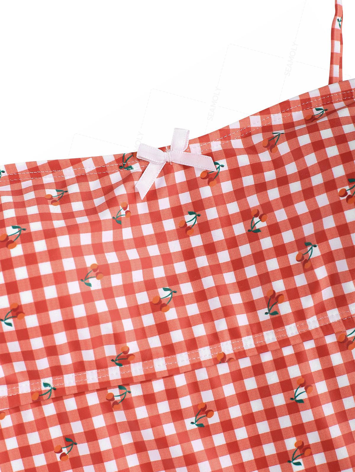 Seamolly Gingham Cherry Print Bowknot Cinched Tied Tankini Set
