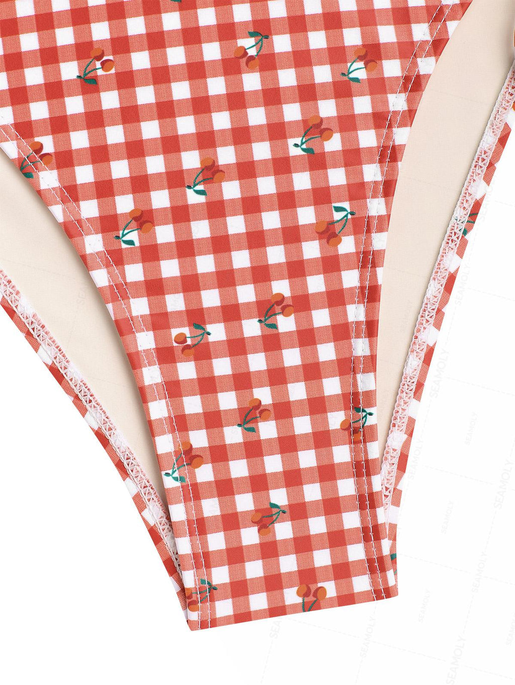 Seamolly Gingham Cherry Print Bowknot Cinched Tied Tankini Set