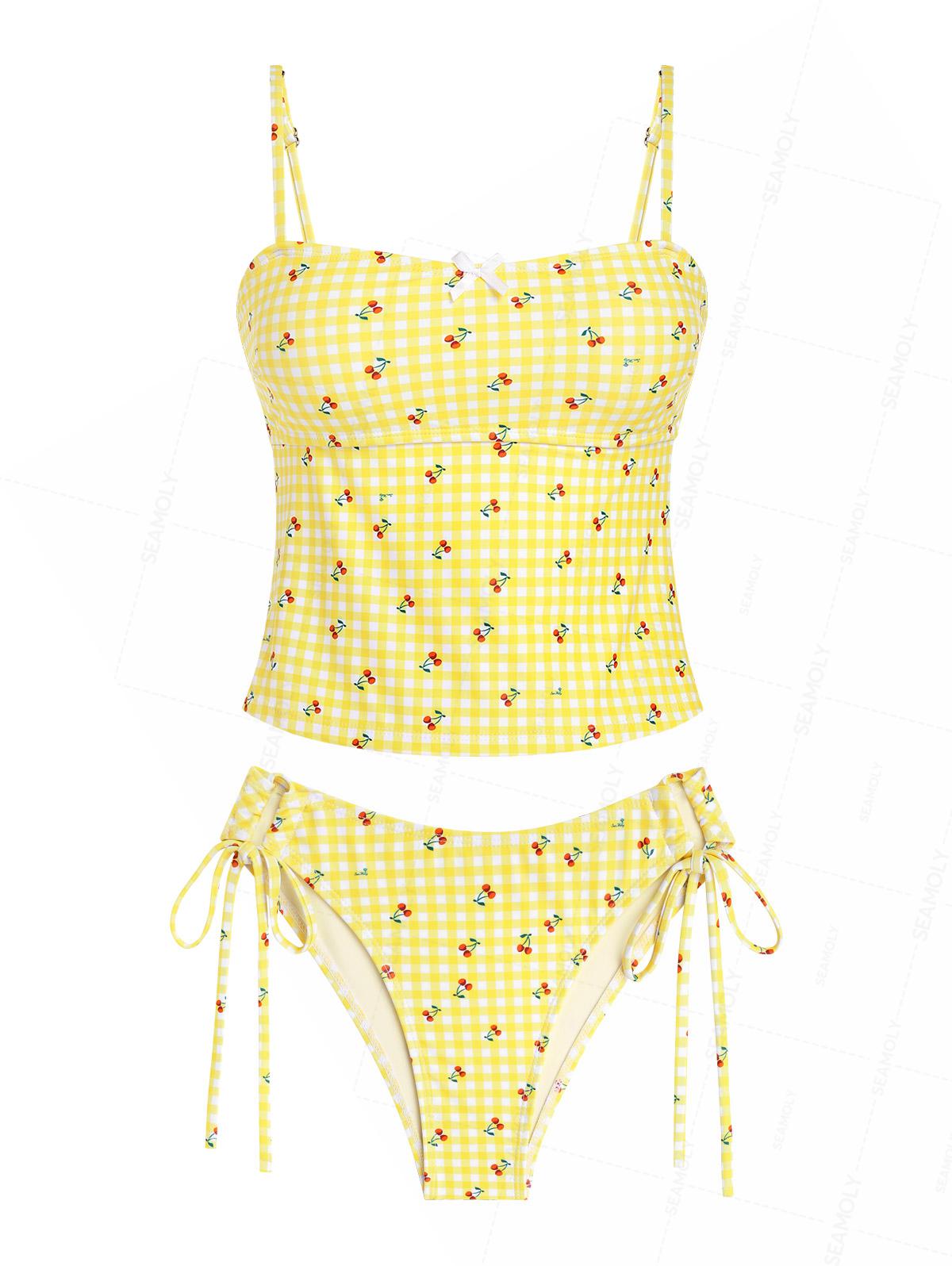 Seamolly Gingham Cherry Print Bowknot Cinched Tied Tankini Set