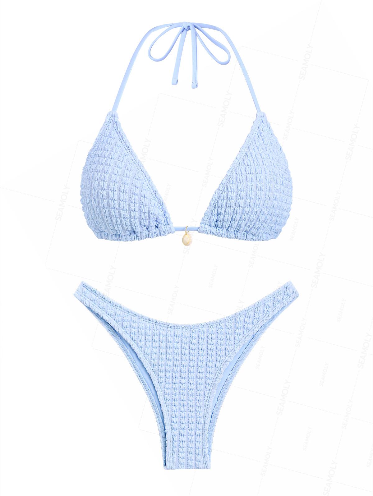 Seamolly Solid Color Textured Shell Decor Bikini Set