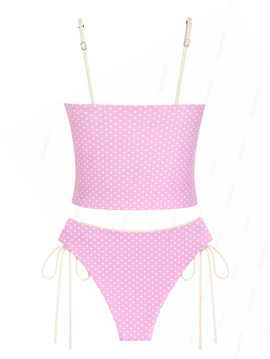 Seamolly Polka Dot Lace Bowknot Cinched Tie Side Tankini Set