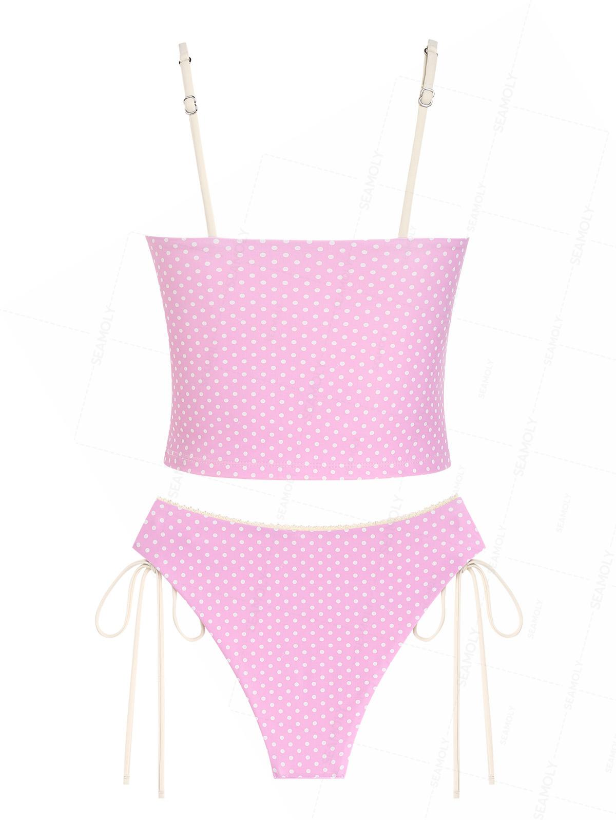 Seamolly Polka Dot Lace Bowknot Cinched Tie Side Tankini Set