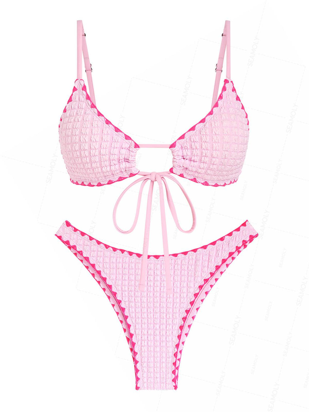 Seamolly Contrast Color Textured Whip Stitching Tied Bikini Set