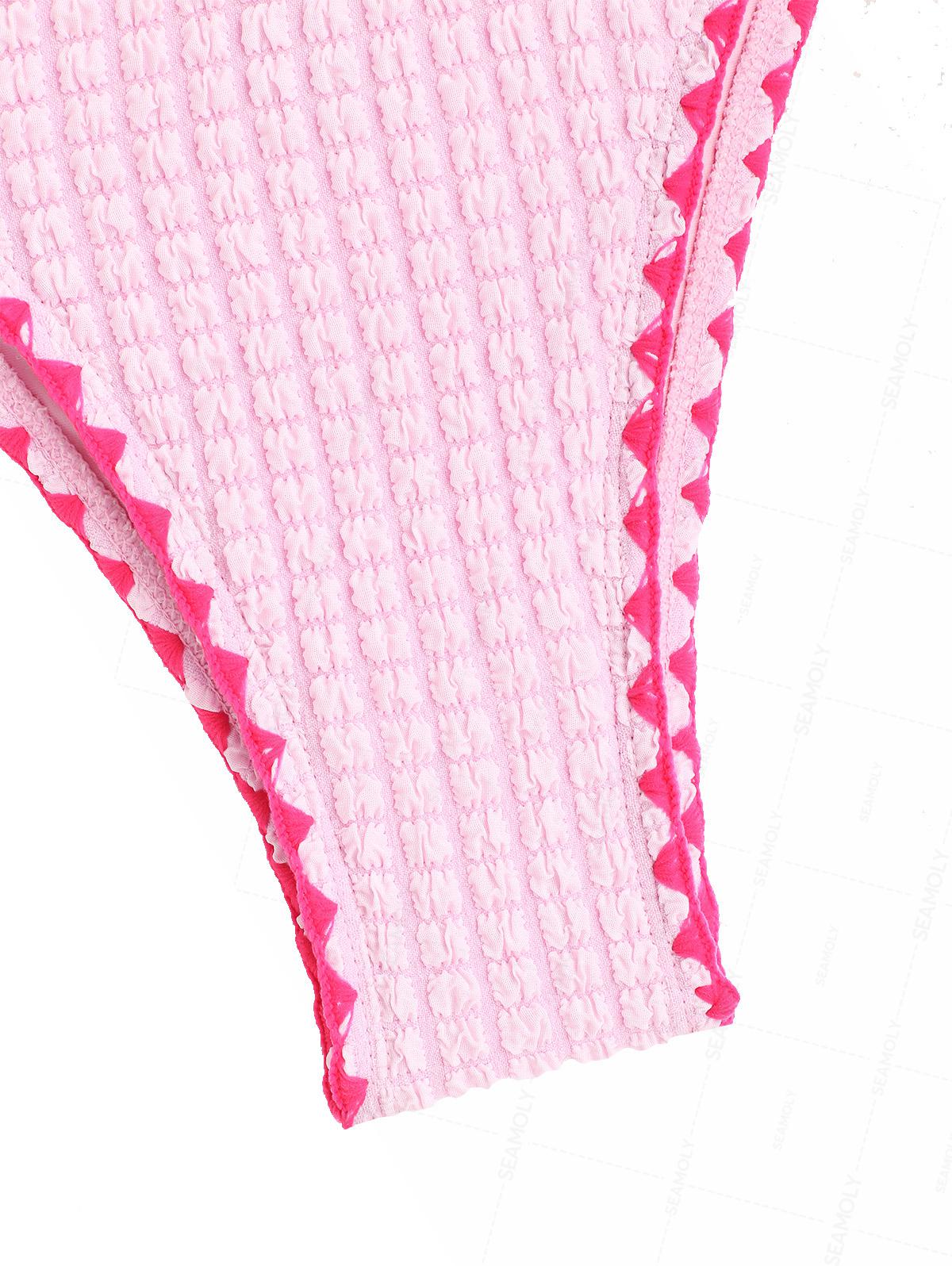 Seamolly Contrast Color Textured Whip Stitching Tied Bikini Set