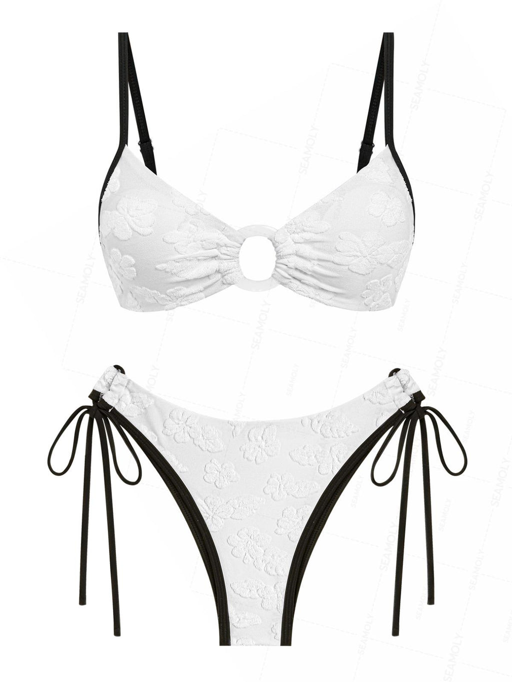 Seamolly Terry Cloth Floral Leaf Jacquard O Ring Bikini Set