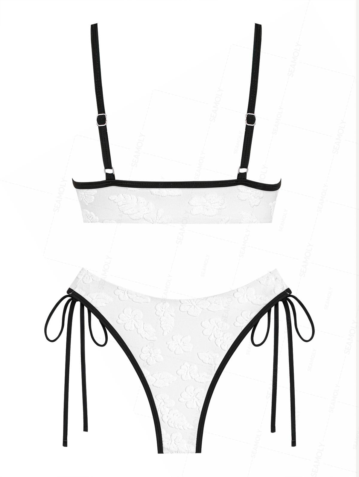 Seamolly Terry Cloth Floral Leaf Jacquard O Ring Bikini Set