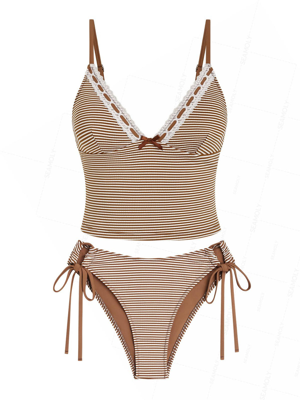 Seamolly Striped Lace Bowknot Plunging Neck Cinched Tie Side Tankini Set