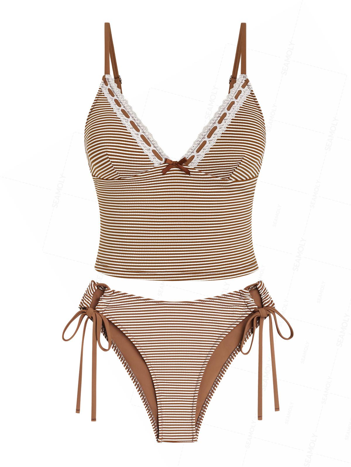 Seamolly Striped Lace Bowknot Plunging Neck Cinched Tie Side Tankini Set