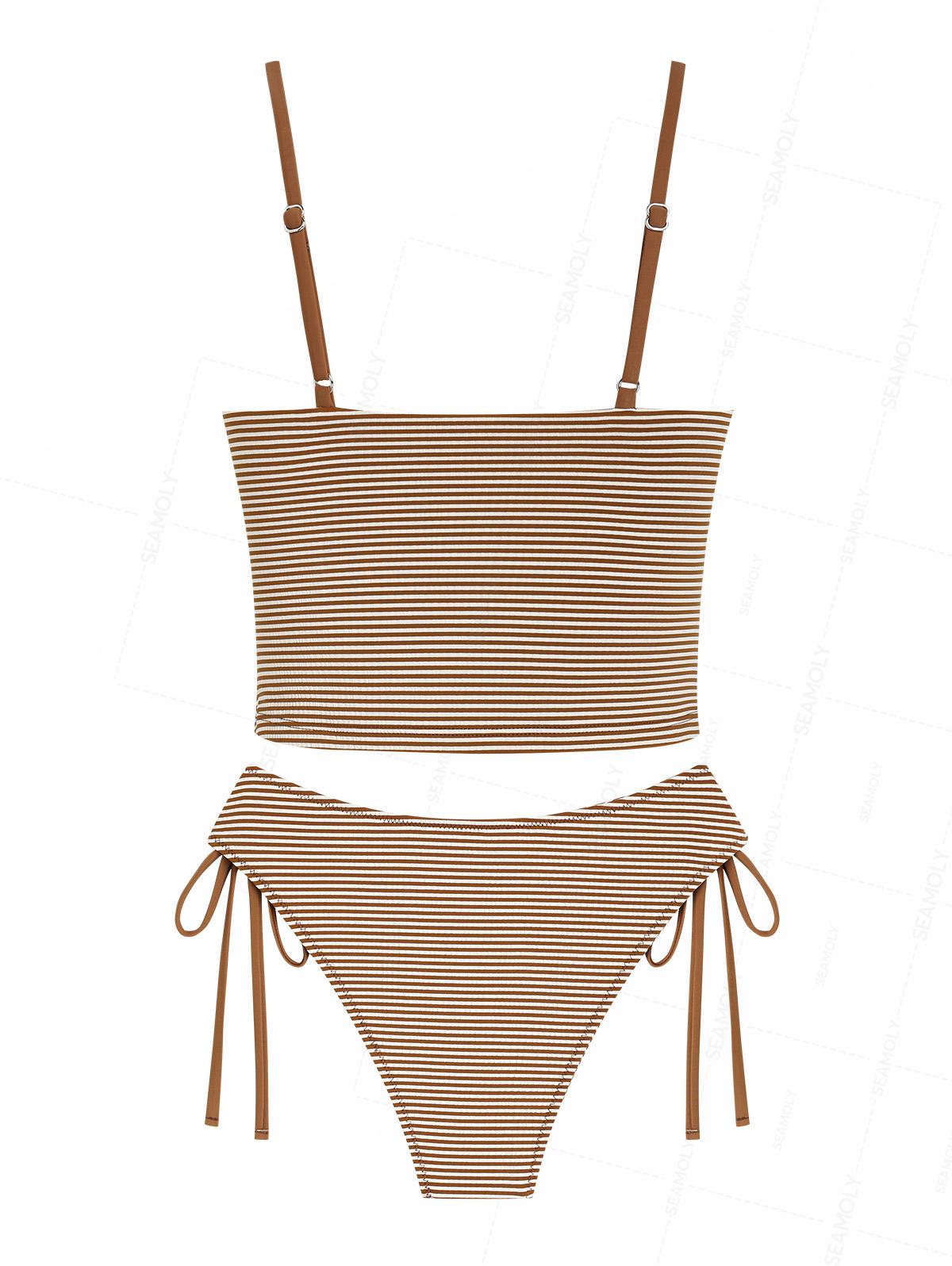 Seamolly Striped Lace Bowknot Plunging Neck Cinched Tie Side Tankini Set