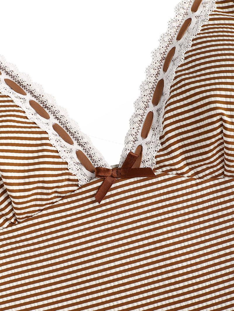 Seamolly Striped Lace Bowknot Plunging Neck Cinched Tie Side Tankini Set