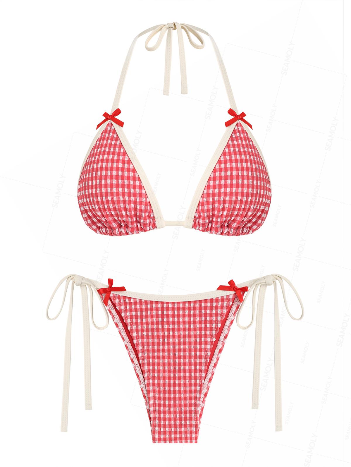 Seamolly Gingham Textured Bowknot Halter Triangle Tie Side Bikini Set
