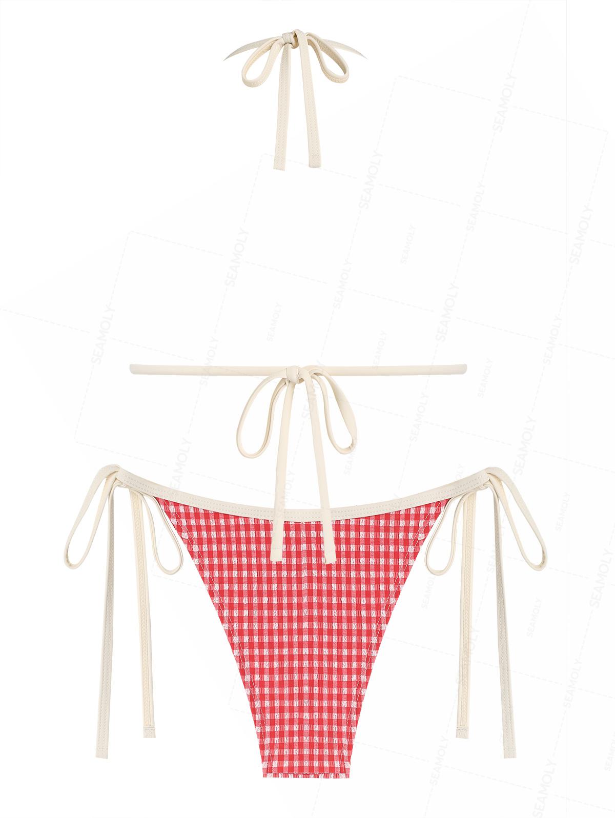 Seamolly Gingham Textured Bowknot Halter Triangle Tie Side Bikini Set