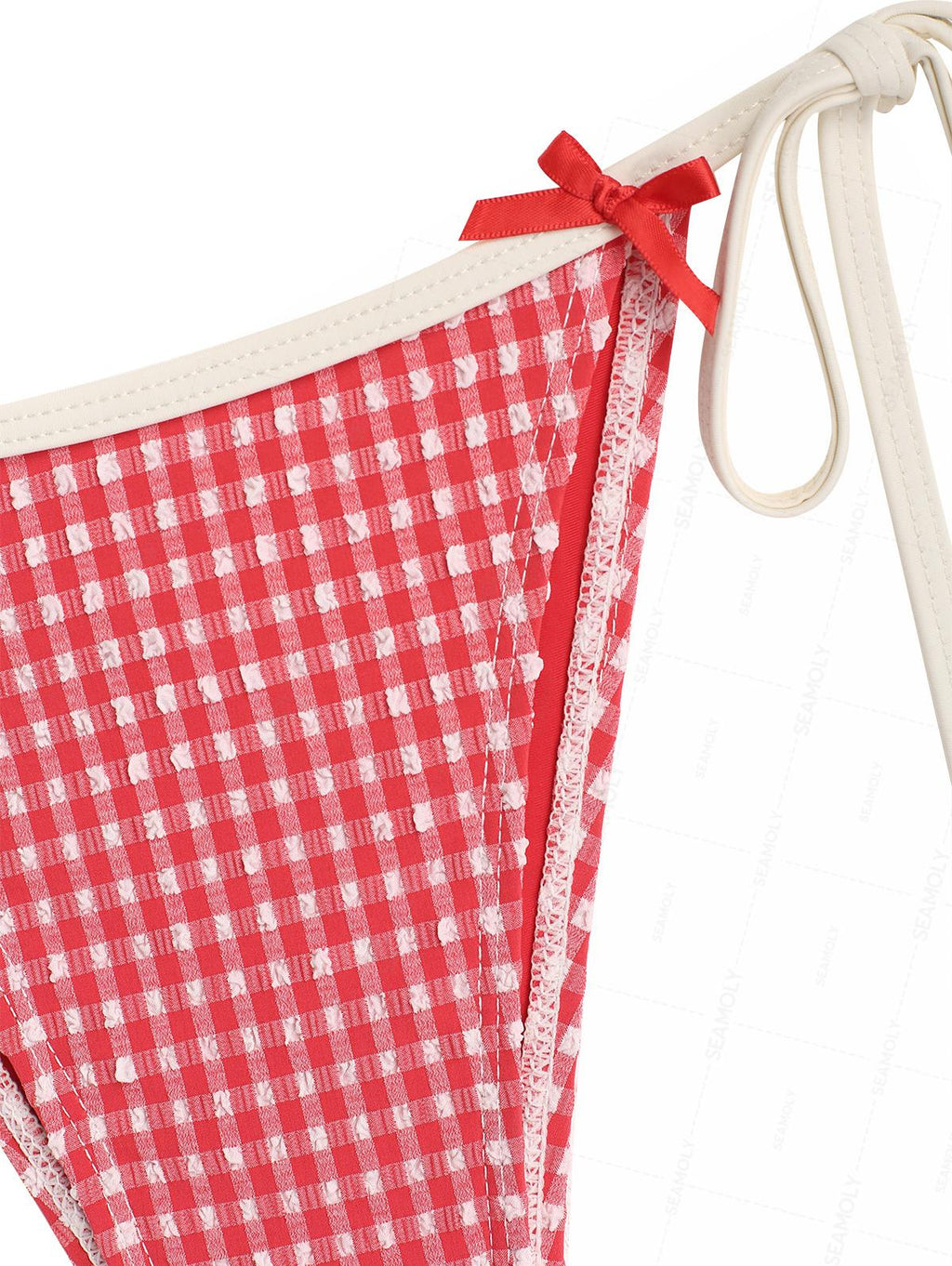 Seamolly Gingham Textured Bowknot Halter Triangle Tie Side Bikini Set