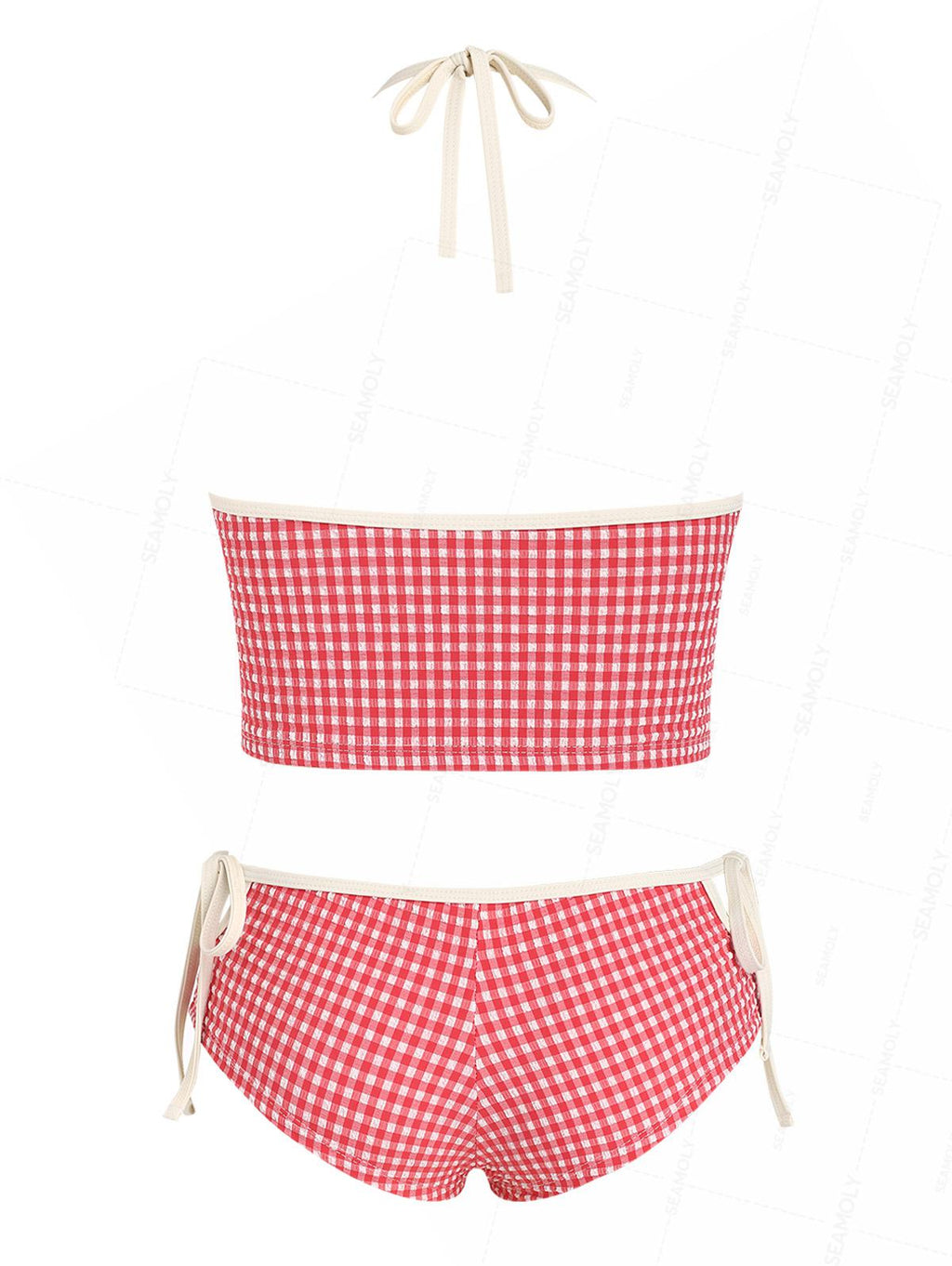 Seamolly Gingham Textured Halter Tank Top & Tie Side Boy Short Bottom Tankini Set