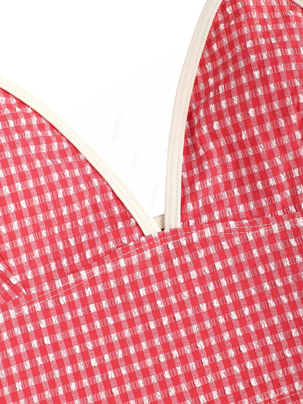 Seamolly Gingham Textured Halter Tank Top & Tie Side Boy Short Bottom Tankini Set