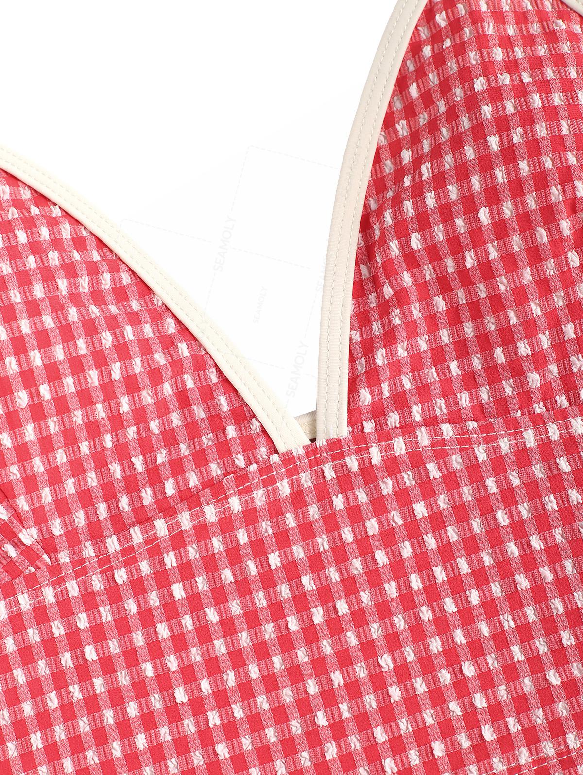 Seamolly Gingham Textured Halter Tank Top & Tie Side Boy Short Bottom Tankini Set