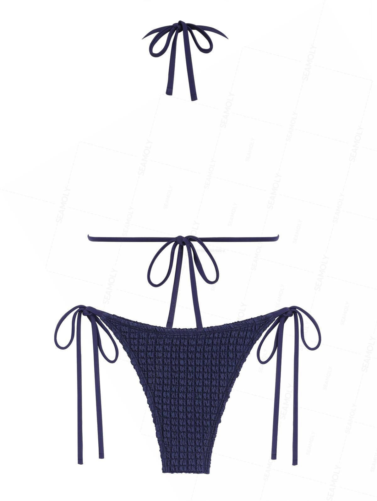 Seamolly Textured Faux Pearl Decor Halter Triangle Tie Side Bikini Set