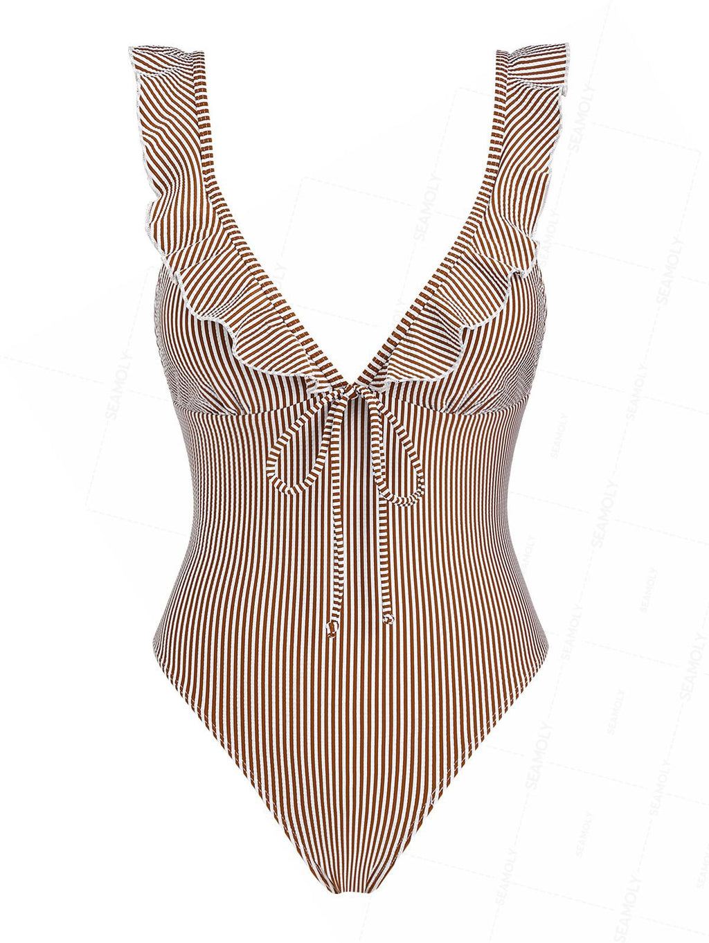 Seamolly Vintage Striped Ruffles Trim Tied Plunging Neck One-piece Swimsuit