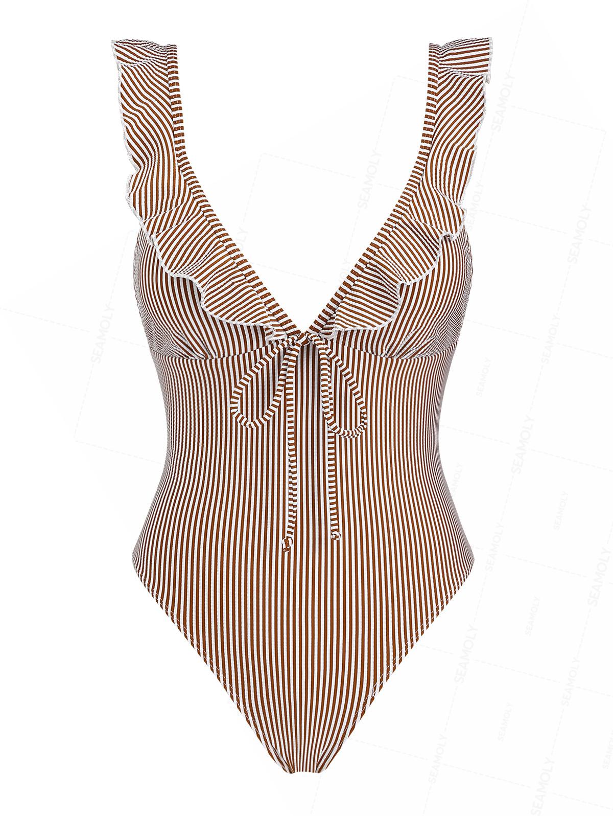 Seamolly Vintage Striped Ruffles Trim Tied Plunging Neck One-piece Swimsuit
