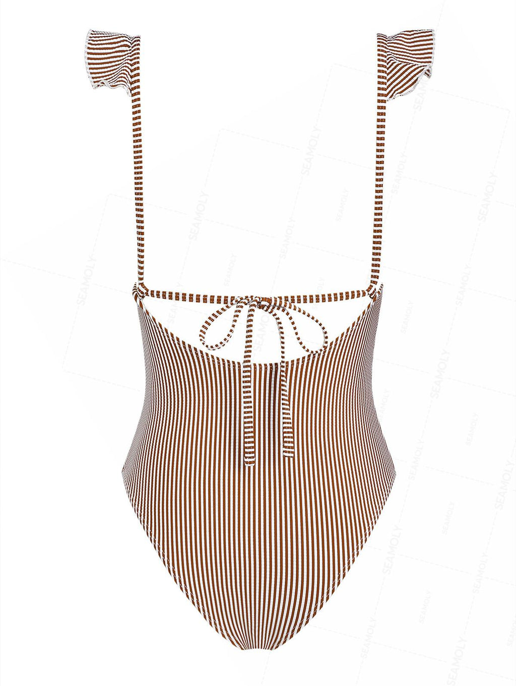Seamolly Vintage Striped Ruffles Trim Tied Plunging Neck One-piece Swimsuit