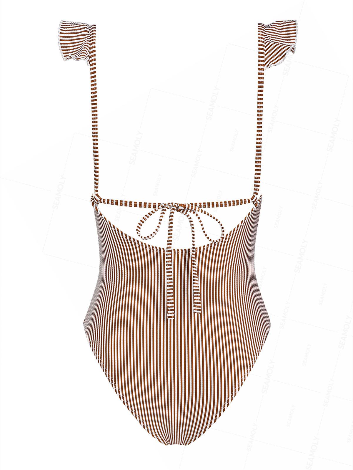 Seamolly Vintage Striped Ruffles Trim Tied Plunging Neck One-piece Swimsuit