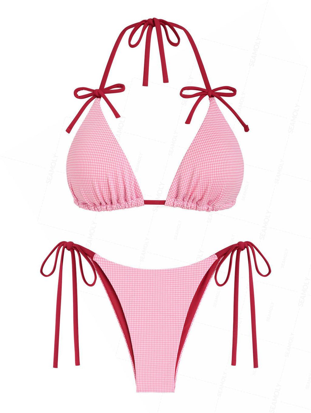 Seamolly Gingham Contrast Bowknot Halter Triangle Tie Side Bikini Set