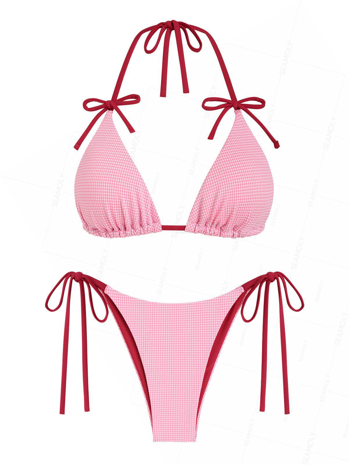 Seamolly Gingham Contrast Bowknot Halter Triangle Tie Side Bikini Set
