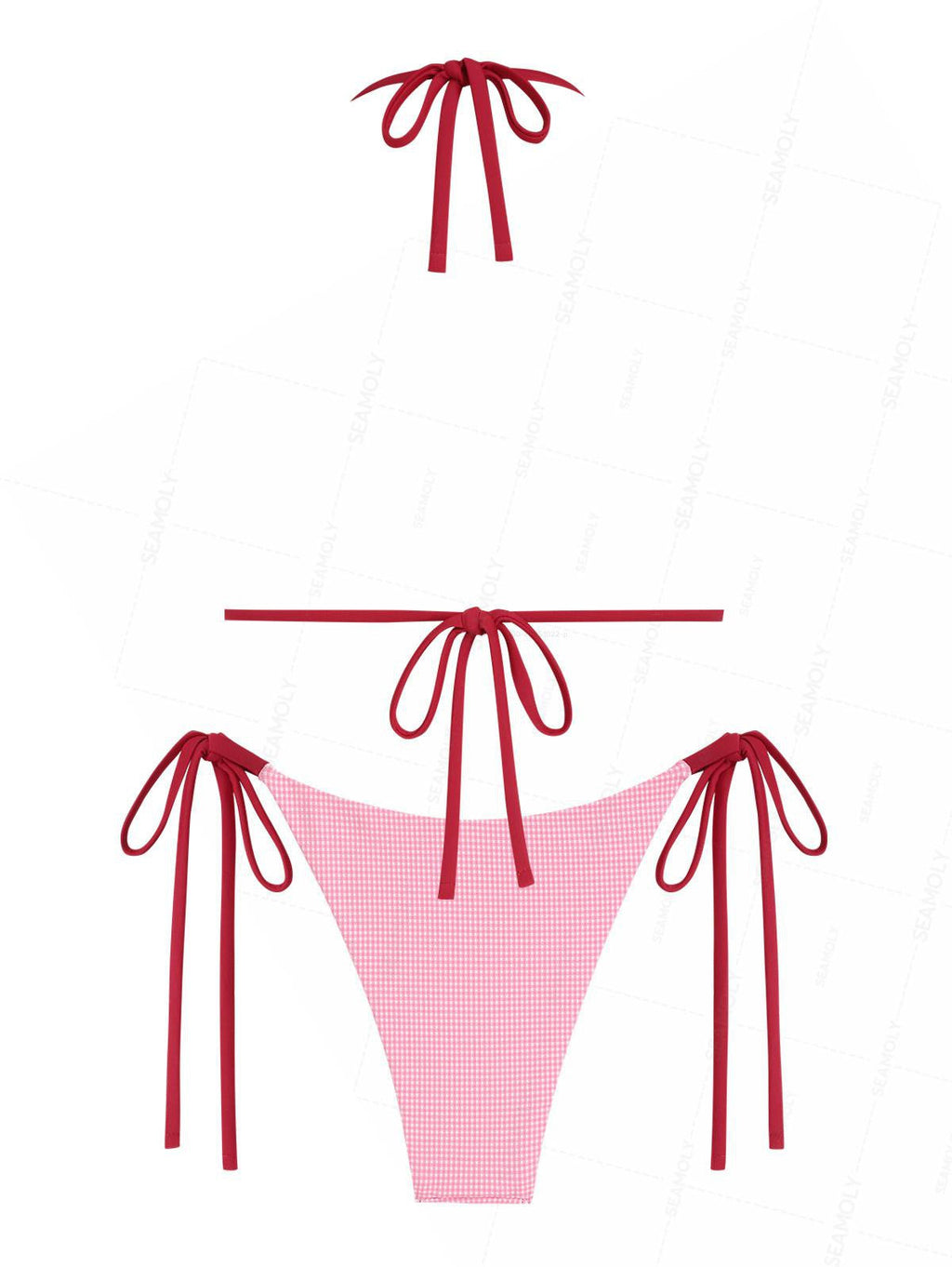 Seamolly Gingham Contrast Bowknot Halter Triangle Tie Side Bikini Set