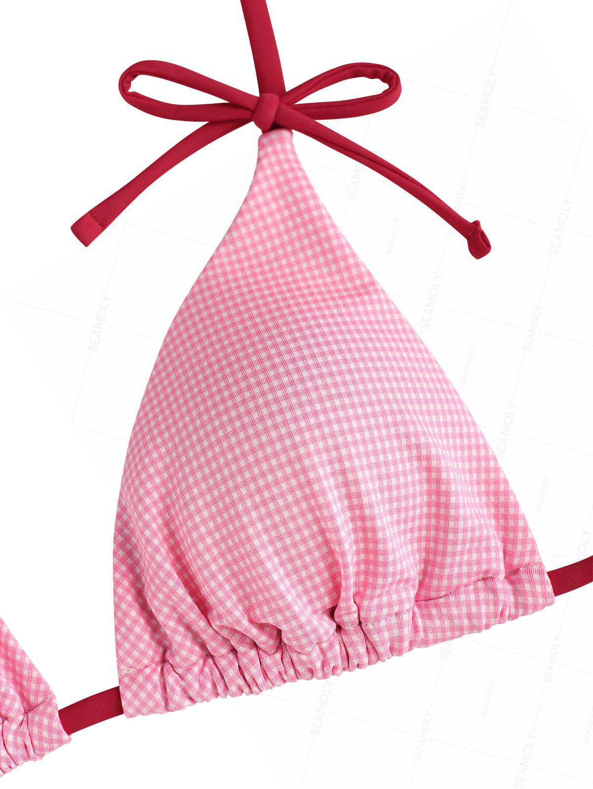 Seamolly Gingham Contrast Bowknot Halter Triangle Tie Side Bikini Set