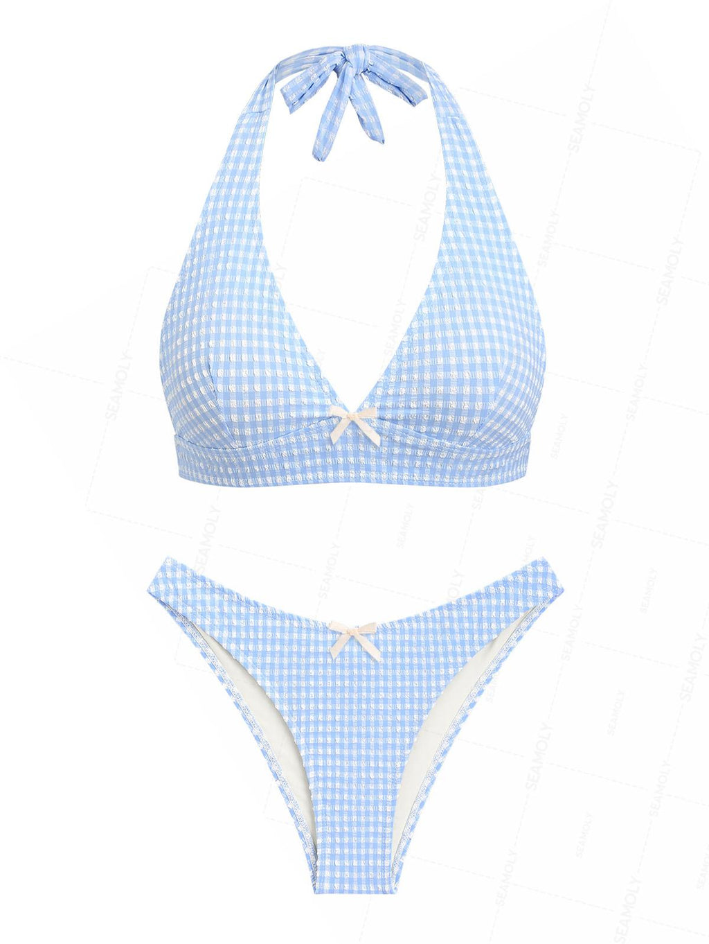 Seamolly Gingham Textured Bowknot Bikini Set