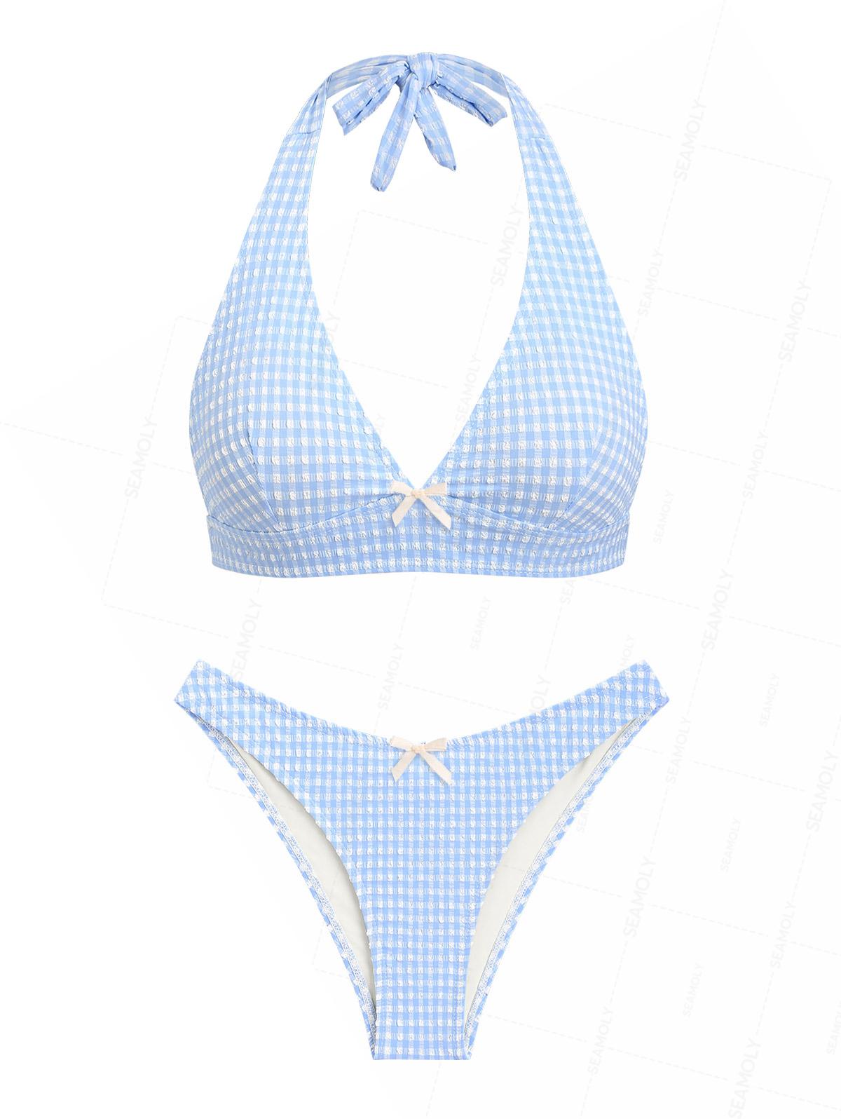 Seamolly Gingham Textured Bowknot Bikini Set