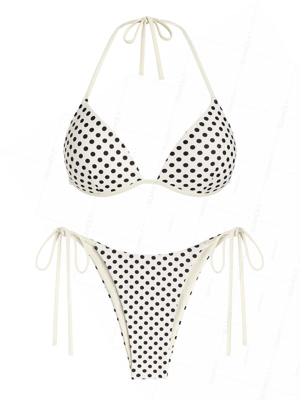 Seamolly Polka Dot Print Halter Triangle Tie Side Bikini Set