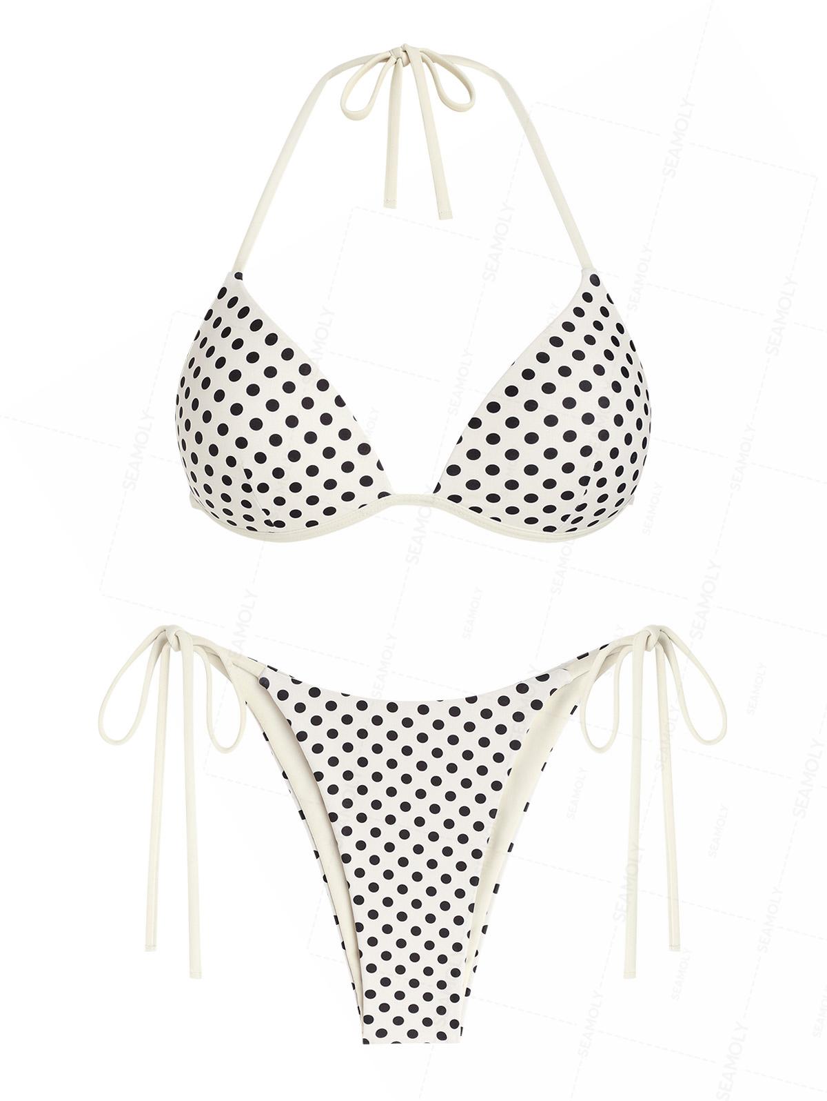 Seamolly Polka Dot Print Halter Triangle Tie Side Bikini Set