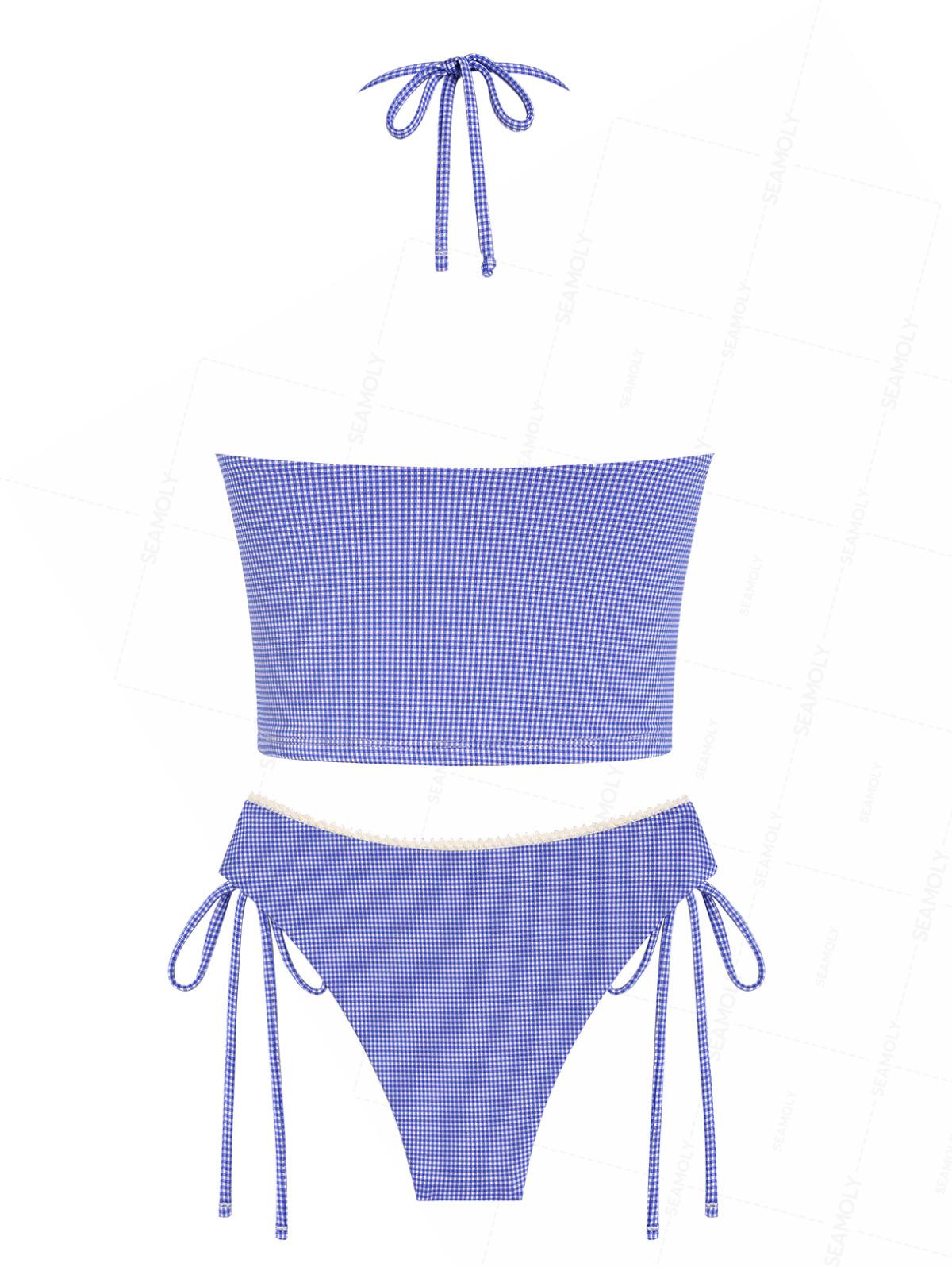 Seamolly Gingham Lace Bowknot Plunging Neck Halter Cinched Tied Side Tankini Set