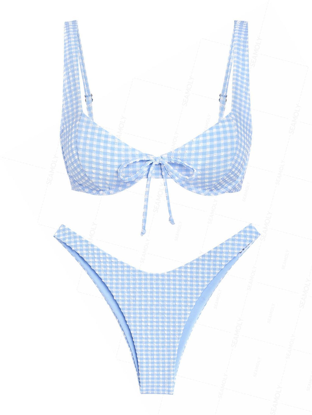 Seamolly Gingham Textured Bowknot Cinched  Underwire Bikini Set