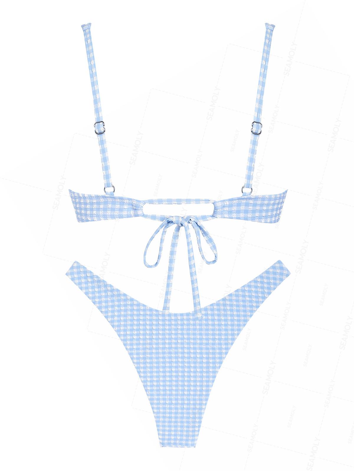 Seamolly Gingham Textured Bowknot Cinched  Underwire Bikini Set