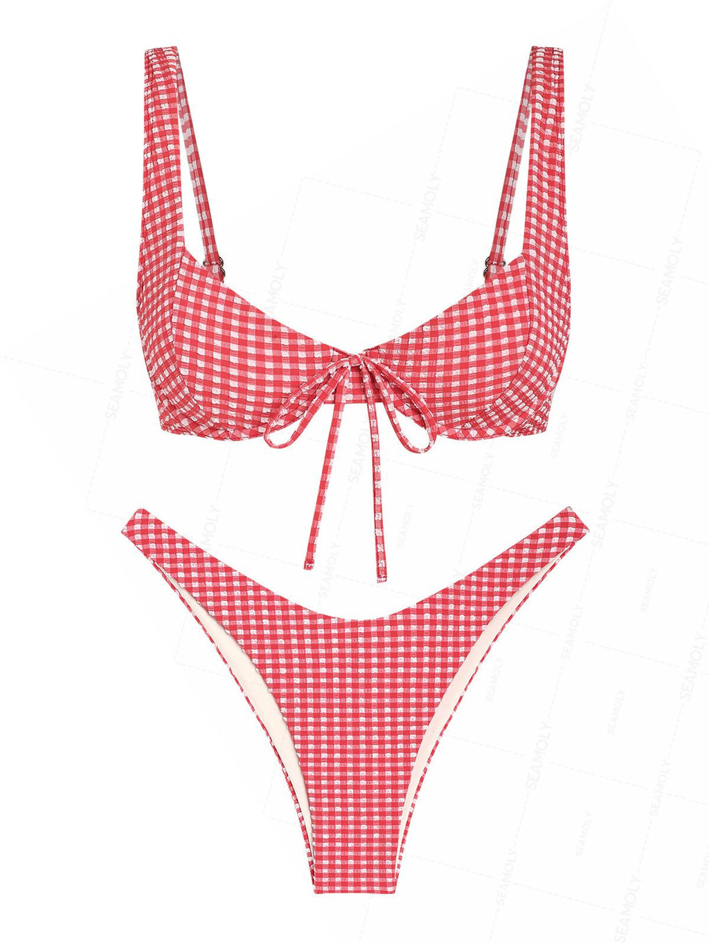 Seamolly Gingham Textured Bowknot Cinched Underwire Bikini Set