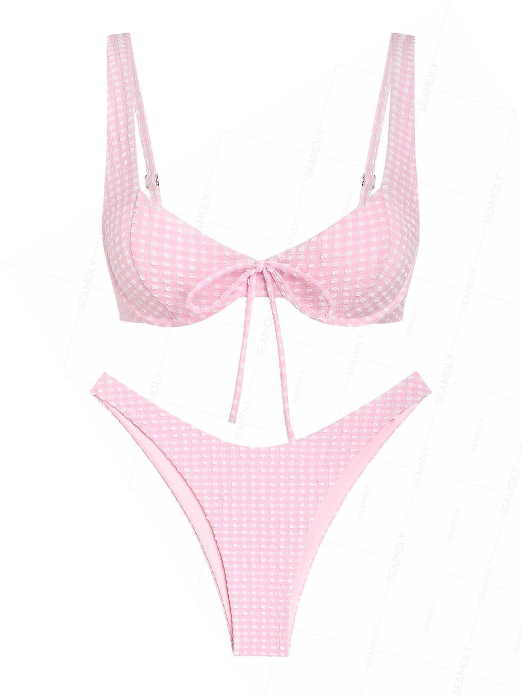 Seamolly Gingham Textured Bowknot Cinched Underwire Bikini Set