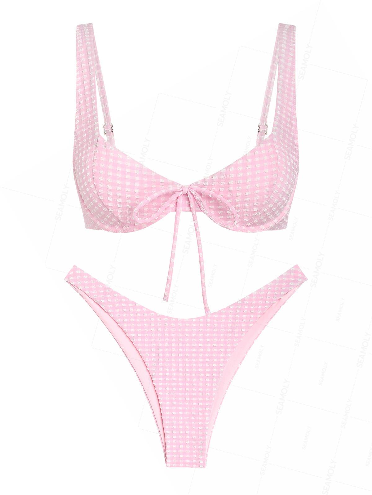 Seamolly Gingham Textured Bowknot Cinched Underwire Bikini Set