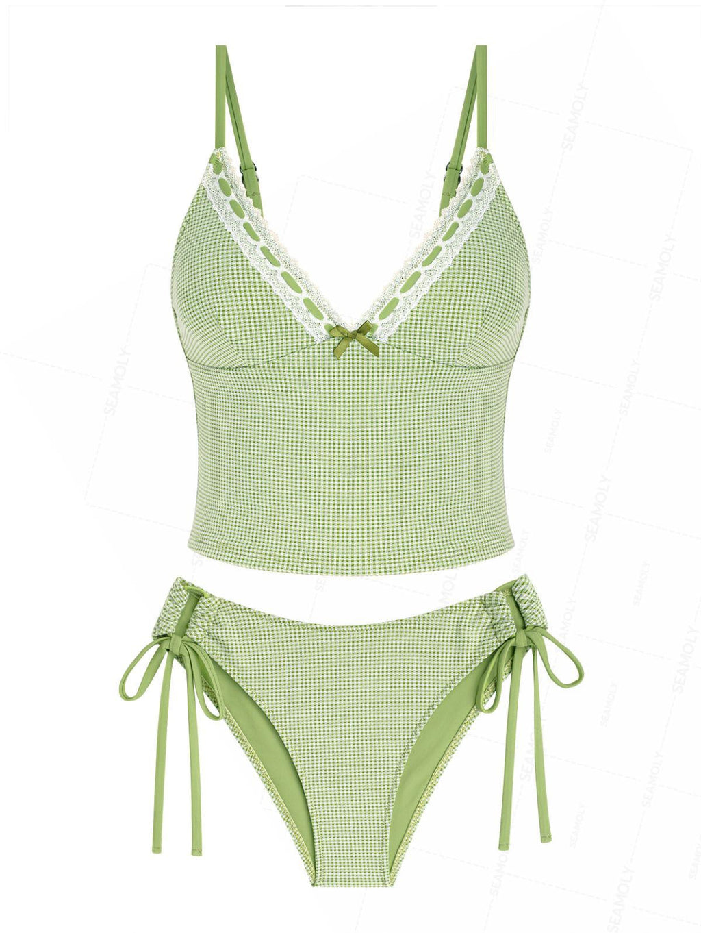 Seamolly Gingham Lace Bowknot Tie Side Tankini Set