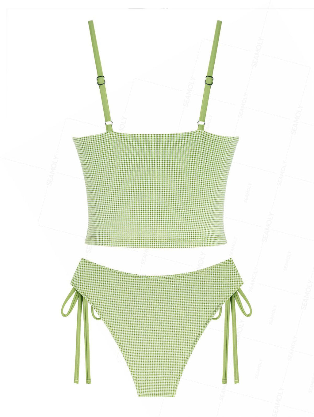 Seamolly Gingham Lace Bowknot Tie Side Tankini Set