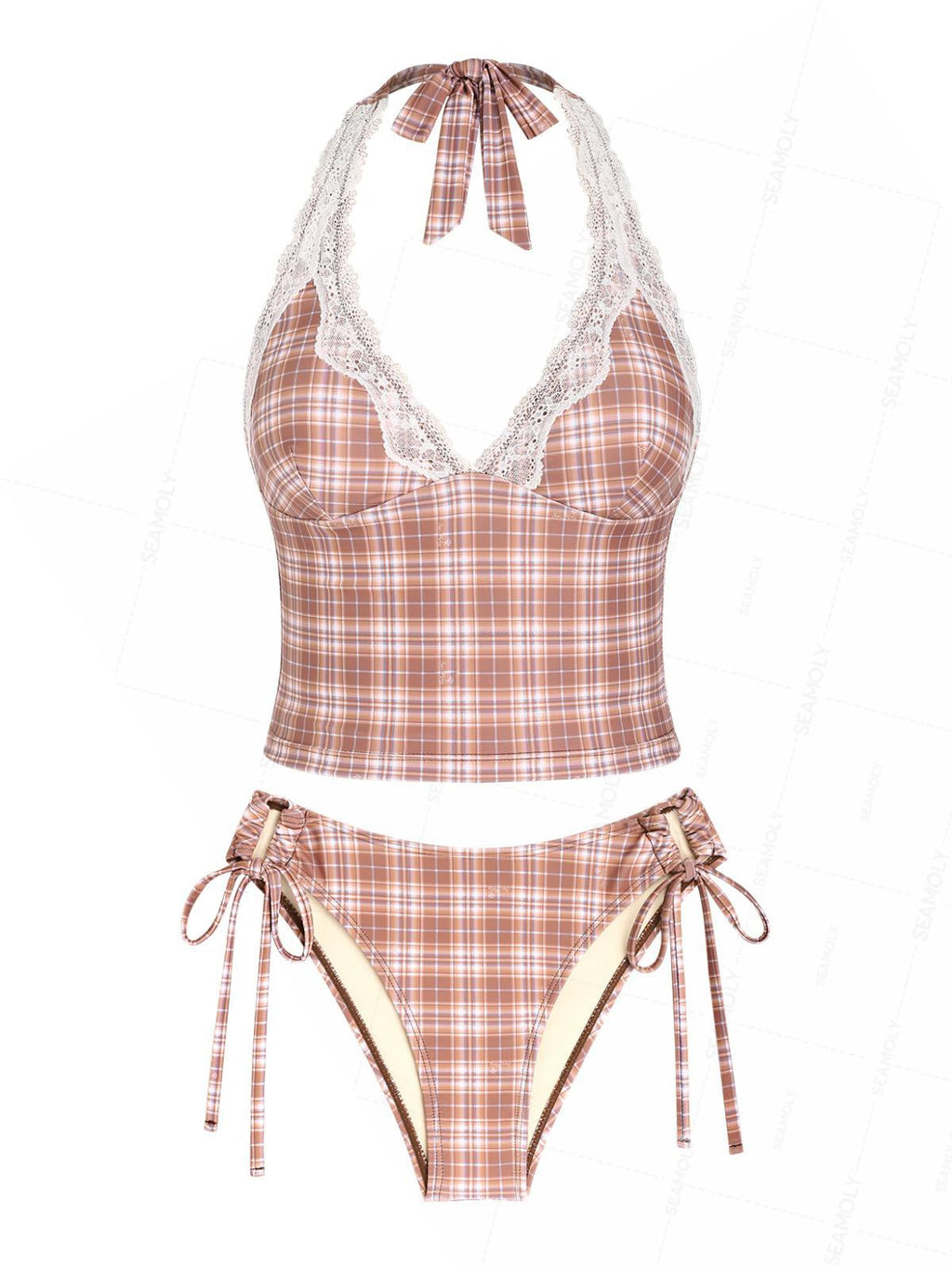 Seamolly Plaid Lace Plunging Neck Halter Tied Side Hipster Tankini Set