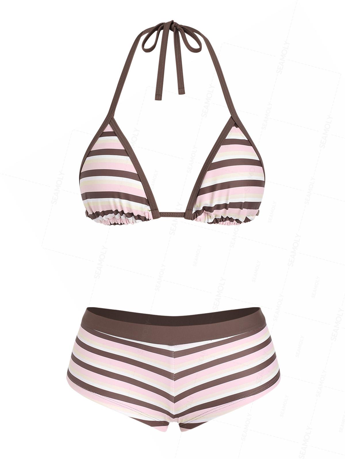 Seamolly Colorblock Striped Halter Triangle Boyshorts Bikini Set