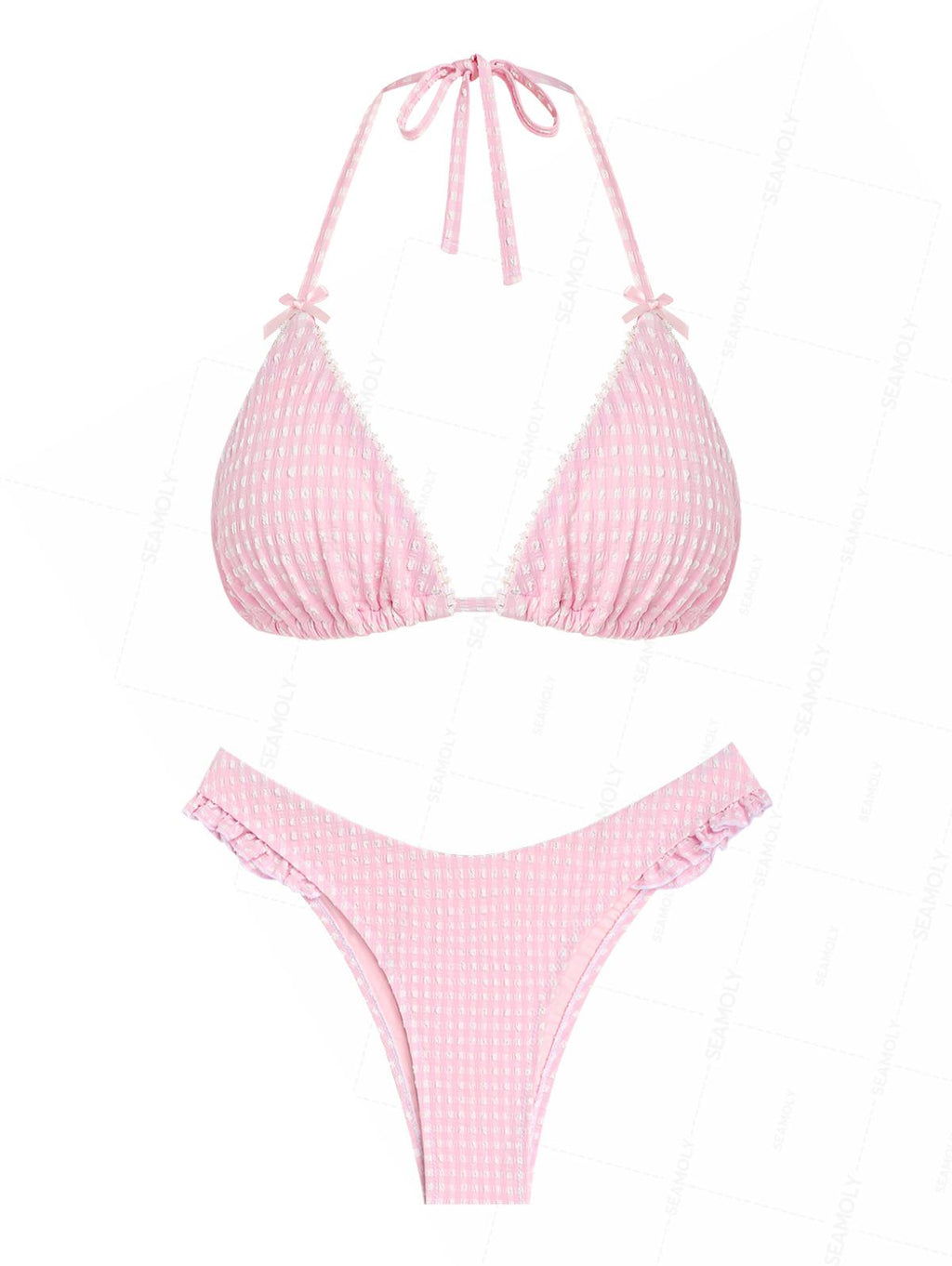 Seamolly Gingham Lace Bowknot Halter Triangle Cheeky Bikini Set