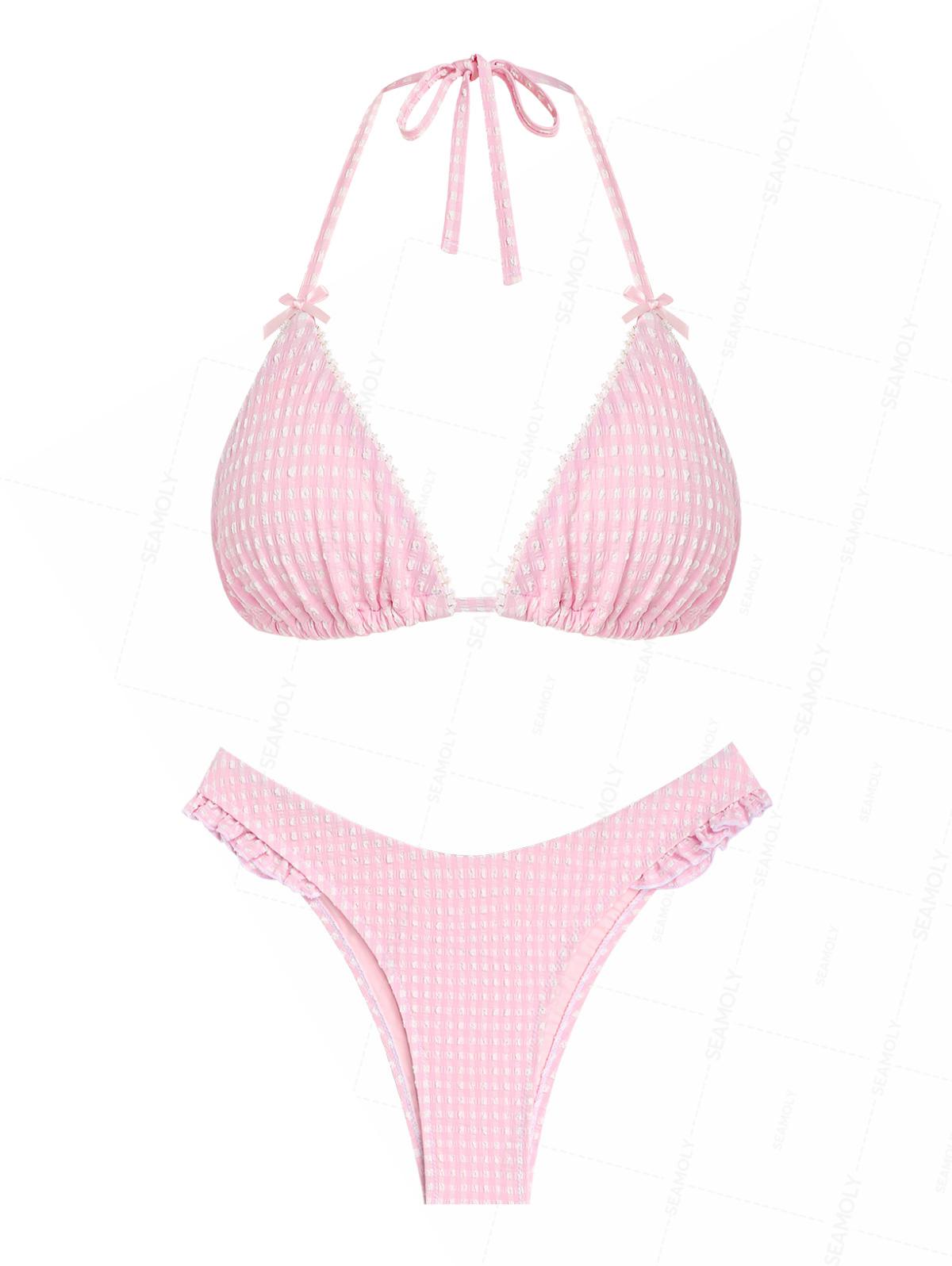 Seamolly Gingham Lace Bowknot Halter Triangle Cheeky Bikini Set